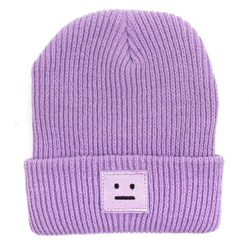 Новейший стиль знаменитостей, женская и мужская зимняя вязаная шапка, покерный робот, этикетка, шерстяная шапка, повседневная шапка, милая теплая шапка Skullies - Цвет: purple