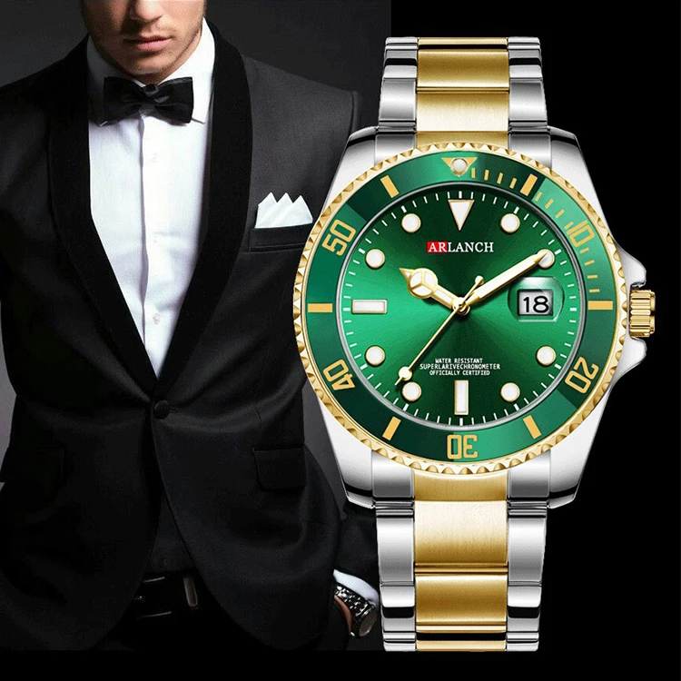 titanium quartz watch ARLANCH New Fashion Mens Watches Gold Green Steel Quartz Wrist Watch For Men Green Male Clock Sport Watch Men Relogio Masculino fun quartz watches