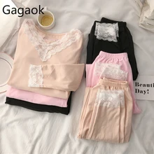 Gagaok женская теплая Милая Пижама Осень Зима Новое поступление сплошной v-образный вырез кружево полная длина тонкий женский Модный корейский Пижамный топ