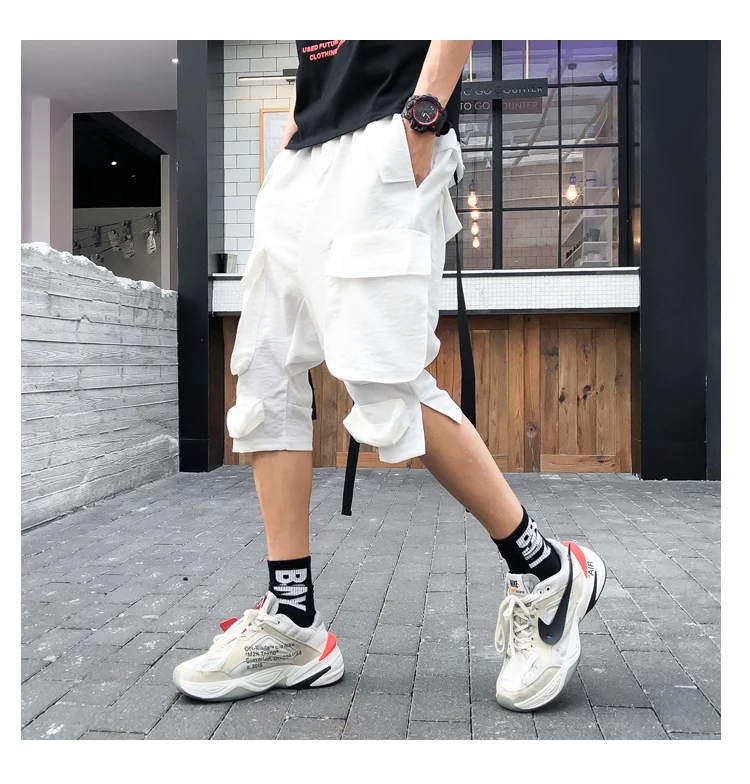 Мужские Летние Мульти накладные карманы шорты уличные хип хоп панк ленты короткие брюки мужские s винтажные повседневные шаровары шорты плюс размер бермуды