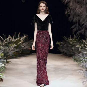 

2020 Deep V-neck Velvet Sequin Dress Female Red 2020 New Sexy Fishtail Temperament Noble Dinner Party Annual Meeting Winter