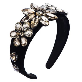 

2020 New Bohemian Fashion Flash Glass Colorful Rhinestone Flower Hairband Women's Black Headband Hair Accessories for Women