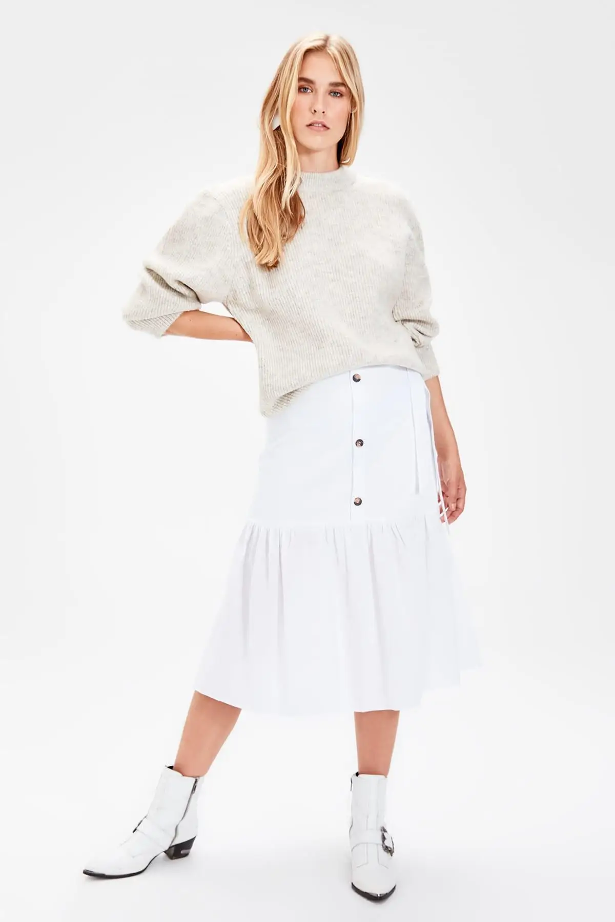 Trendyol White Bone Button Detail Skirt TWOAW20ET0027|Skirts| - AliExpress