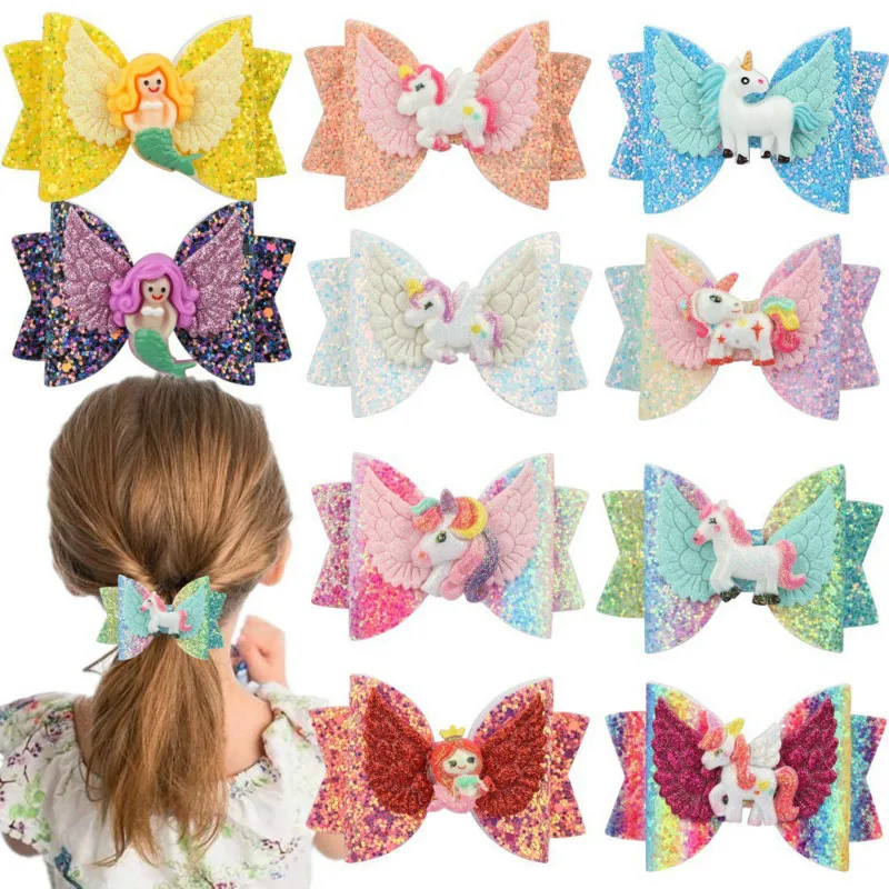 

3inch Unicorn Mermaid Princess Hairgrips Glitter Hair Bows with Clip Dance Party Bow Hair Clip Hair Accessories for Girls