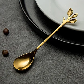 gold Spoon Ложка из нержавеющей стали, маленькая свежая ветка для перемешивания, кофейная ложка, лист, фруктовая вилка, подарок, титановая красочная посуда с покрытием - Цвет: gold Spoon