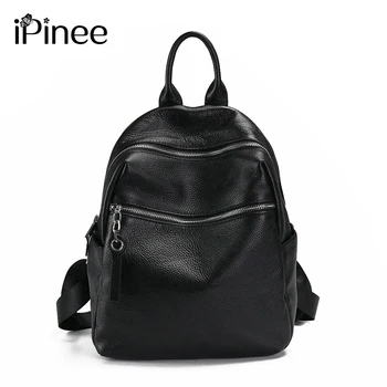 

iPinee Black Backpack 100% Real Genuine Cow Leather Cowhide Women Female First Layer Cow Leather School Book Backpacks Bags