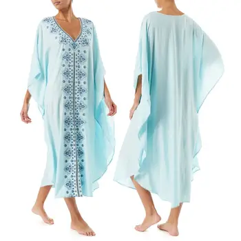 

Womens Long Batwing Sleeves Kaftans Swimsuit Cover Up Ethnic Vintage Floral Printed V-Neck Kimono Beach Maxi Dress Flowy Robe
