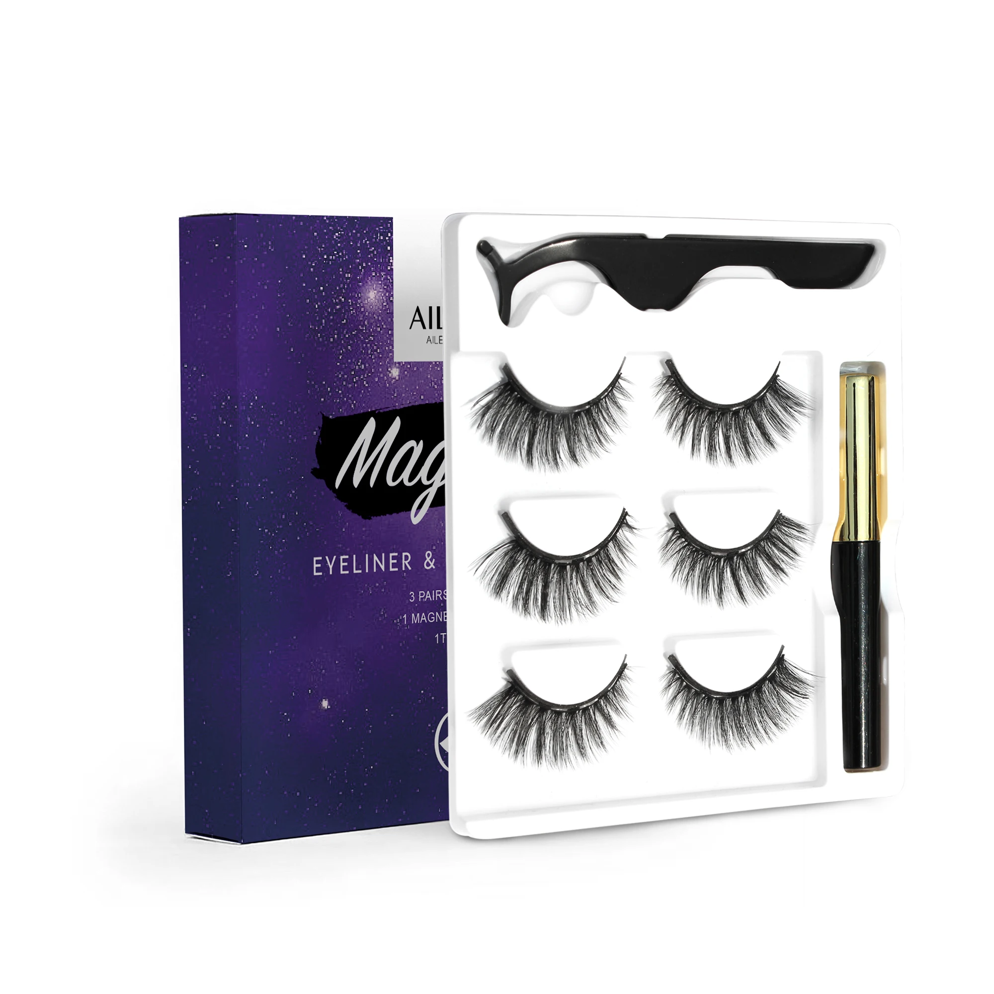 

Aileishi Wholesale 3 Pairs 3D False Eyelash Magnetic Eyelashes Waterproof Liquid Long Lasting Lash Magnet Eyeliner Fake Eyelash