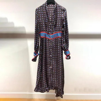 

2020 Spring Women Loose Dress Geometric Print Vintage Long Sleeve Midi Dress Women's Clothing