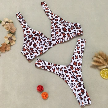 

Women Sexy Leopard Bikini Set Swimwear Padded Halter Push Up Top High Leg Cut Thong Swimsuits Bathing Suits 2020 Swim Suits