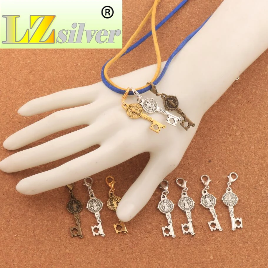 Saint Medal Cross Key Lobster Claw Clasp Charm Beads 12.5x46.5mm 100PCS zinc alloy  Bronze Jewelry DIY C1640