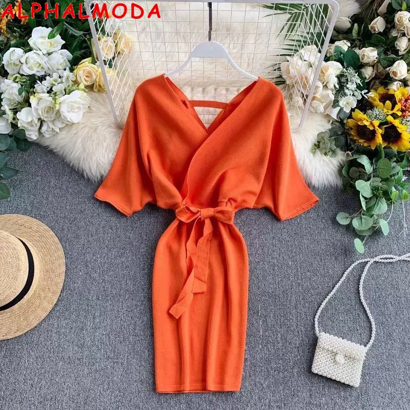 

ALPHALMODA 2020 Summer New Short-sleeved Knit Dress Pullovers V-neck Sashes Stretchy Wrap Hip Fashion Knitted Dress