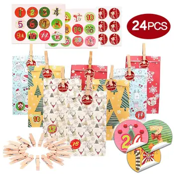 

24Pcs/set Advent Calendar Bags Numbers Sticker Kraft Paper Storage Gift Bag With 1-24 Number Stickers 12*8*22CM for Christmas