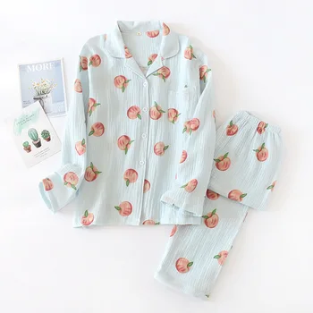 

Women Spring Autumn Pajamas Cotton Gauze 2PCS Sleepwear Printed Peaches Nightwear Kimono Bathrobe Gown Soft Home Clothing Suit
