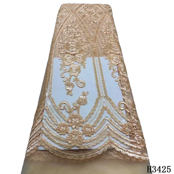

Tulle lace fabric 2020 African lace fabric high quality net lace yellow French lace fabric with sequins for wedding dress HJ3425