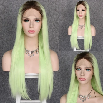 

Lvcheryl Ombre Dark Roots To Apple Green Long Straight Synthetic Lace Front Wigs for Women Heat Resistant Hair Wigs