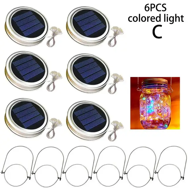 6 STÜCKE Solar Einmachglas Deckel Licht Mit 2m String Lichter Griff 20 LEDs Hängende Laterne Lampe Für Garten Dekoration bunte Licht_voghion.com
