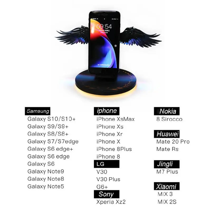 10W Color LED Angel Wings Qi Wireless Fast Charger Stand Holder for Mobile Phone