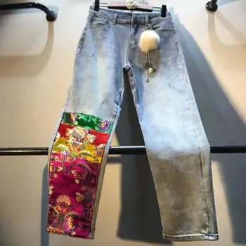 

New Fashion spring autumn Stitching Embroidered Satin High Waist Slim Straight Jeans Women's Pants Retro Denim Pants