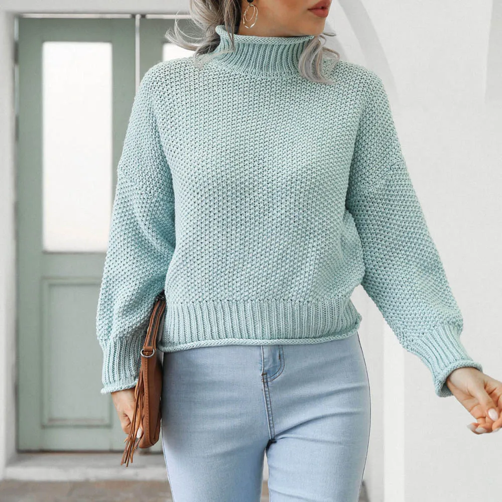 

Women's Batwing Sleeve Turtleneck Knit Pullover Short Length Sweater Pure Color Loose Warm Girl Fall Winter Sweater