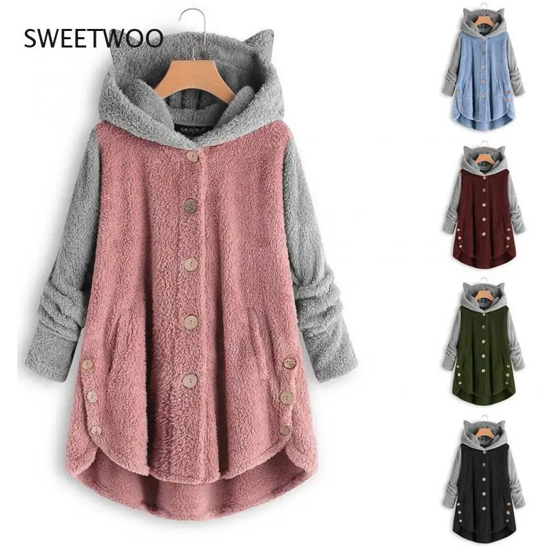 2021 Autumn and Winter European and American Button Hooded Cat Ears Plush Top Irregular Tide Brand Color Matching Jacket Women