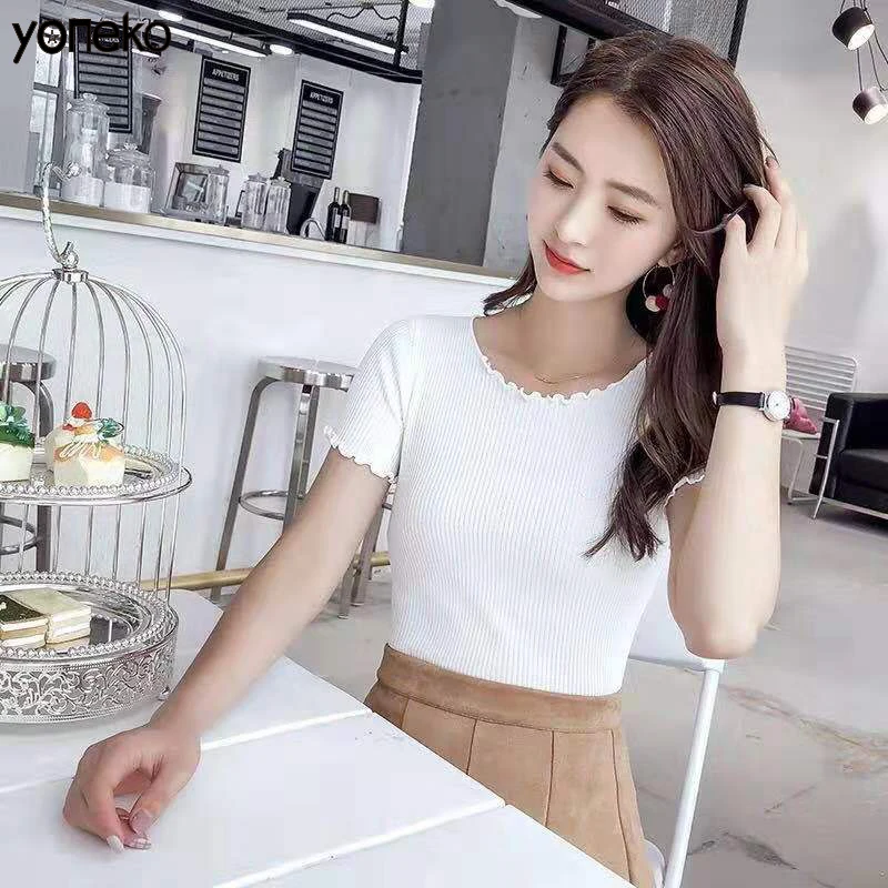 

YONEKO Vintage Wood ears O neck Short sleeve 2020 New Woman Slim Fit t tight tee Summer Retro Tops 10 colors KM159