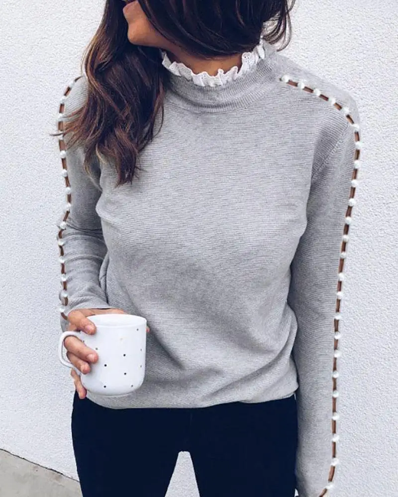 Sweater Lace Patchwork Ruffles O Neck Shoulder Buckle Elegant Pullover Autumn Winter Knit Women Grey Casual Tops Female | Женская одежда