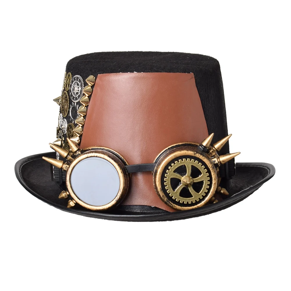 

Punk Black Fedora Steampunk Gears Spikes Leather Men/Women Top Hat With Goggles Gothic Party Festival Hats Accessories