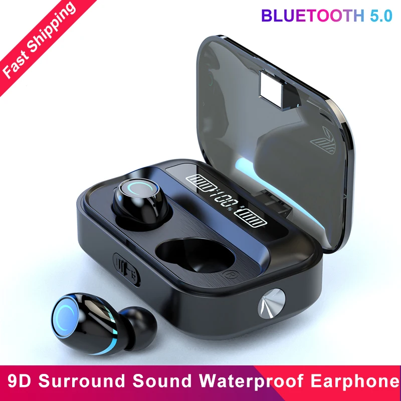TWS Bluetooth наушники гарнитура 5,0 беспроводные бинауральные наушники 9D объемный звук спортивная водонепроницаемая гарнитура+ 1500 мАч Зарядное устройство