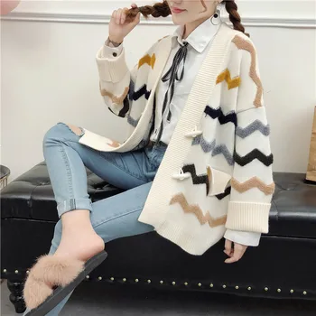

Korean Style Women V-Neck Long Sleeve Autumn Cardigan Women Striped Oversized Cardigan Mujer Sweters Women Invierno 2019 Outwear