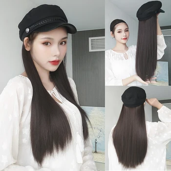 

MUMUPI hat wig extension hair Women Synthetic Long Straight with Navy Hat Integrated Wig Suitable Party Hair Extension