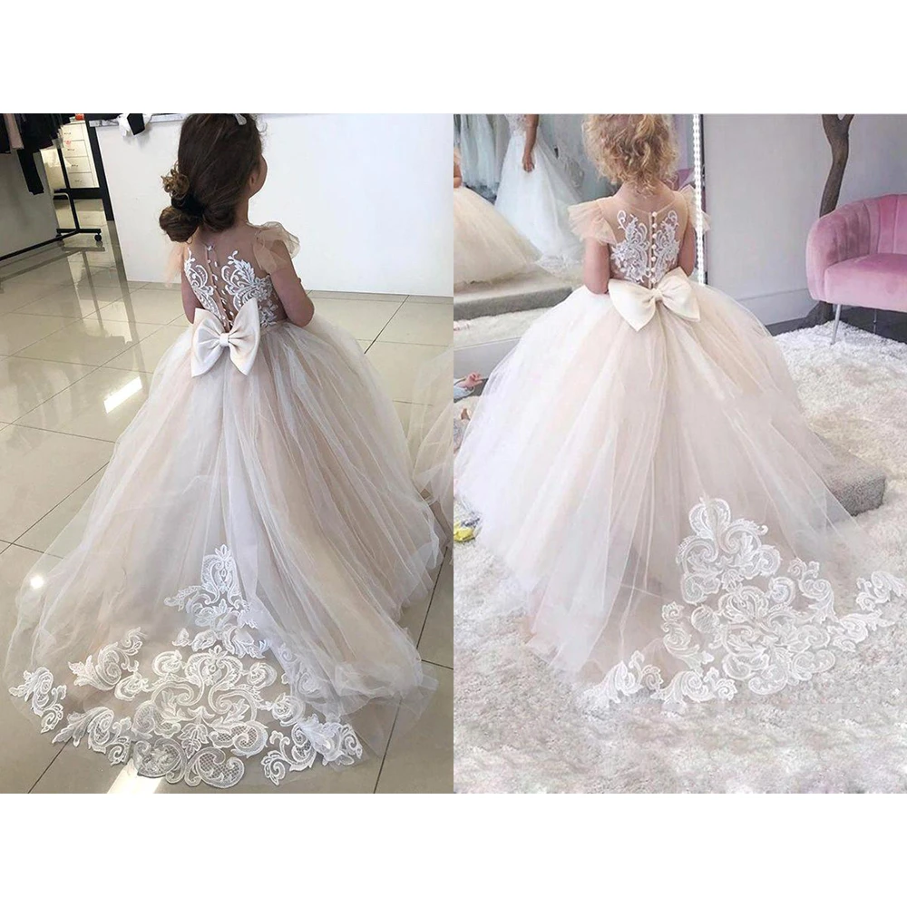 Flower Girl Dresses Wedding Party Dresses Flower Girl Dress Ball Gown Kids Pageant Big Bow Long Sleeves Champagne Child Bride Dresses Vestidos Novia