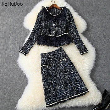 

Kohuijoo Ladies Tweed Skirt Suit Autumn Winter Fashion Beaded Feather Tasseled Long Sleeve Tweed Jacket and Skirt Sets 2 Pieces