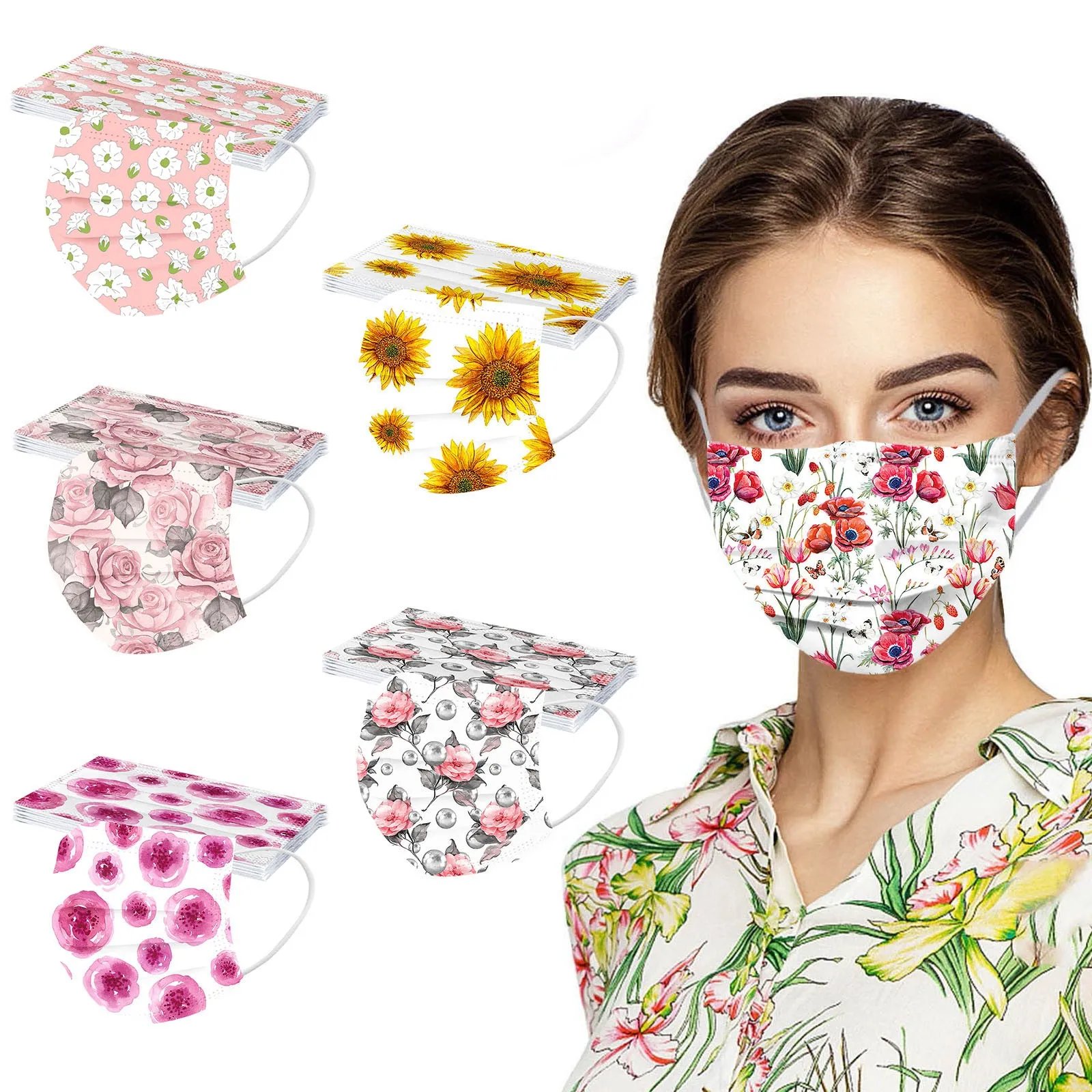 10pcs Adult Floral Printed Masks Mouth-muffle Disposable Flower Pattern Face mask 3 Layer Ply Meltblown Cloth Filter Facemask 2