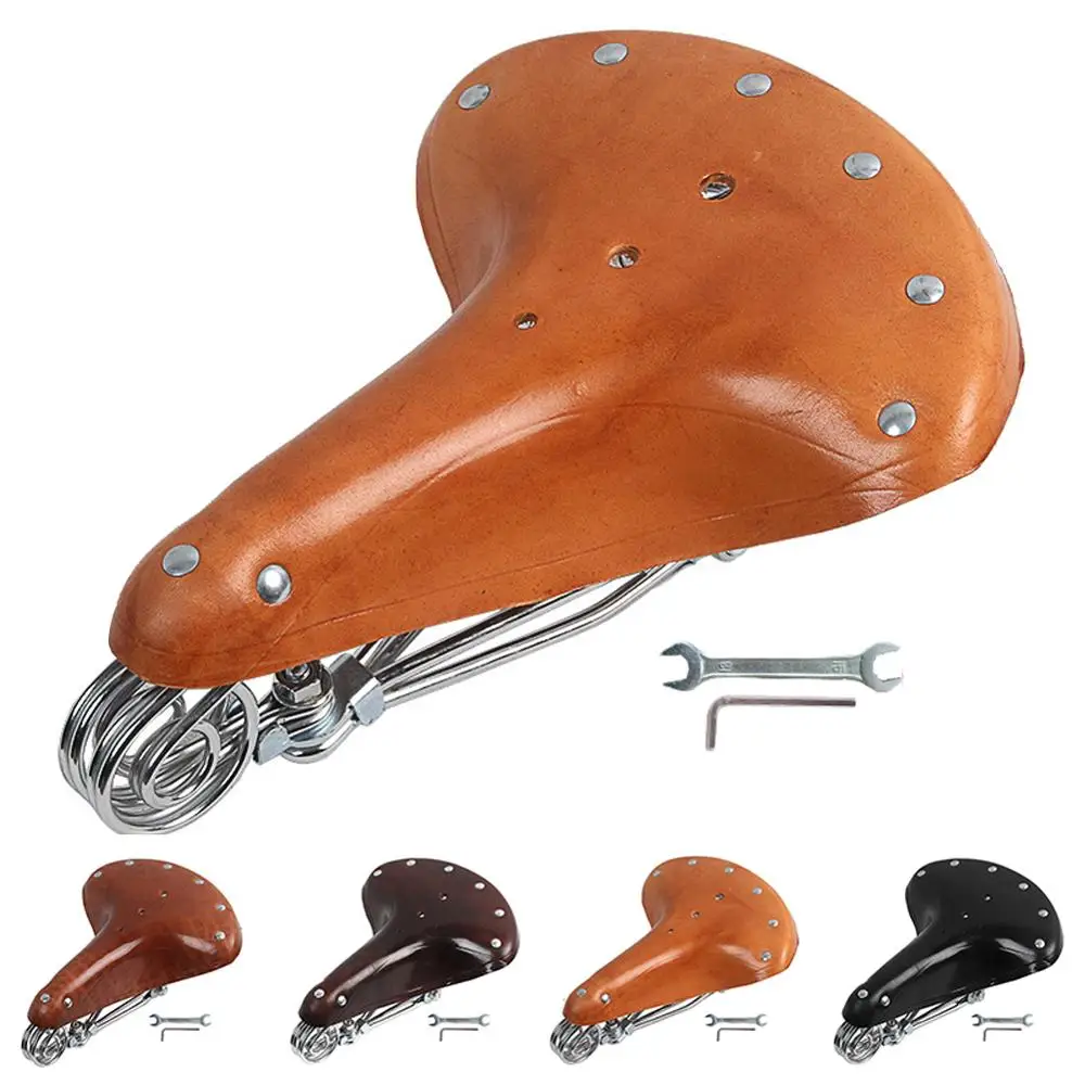 Vintage Classic Genuine Leather Bicycle Cycle Retro Bike Saddle with Spring Seat