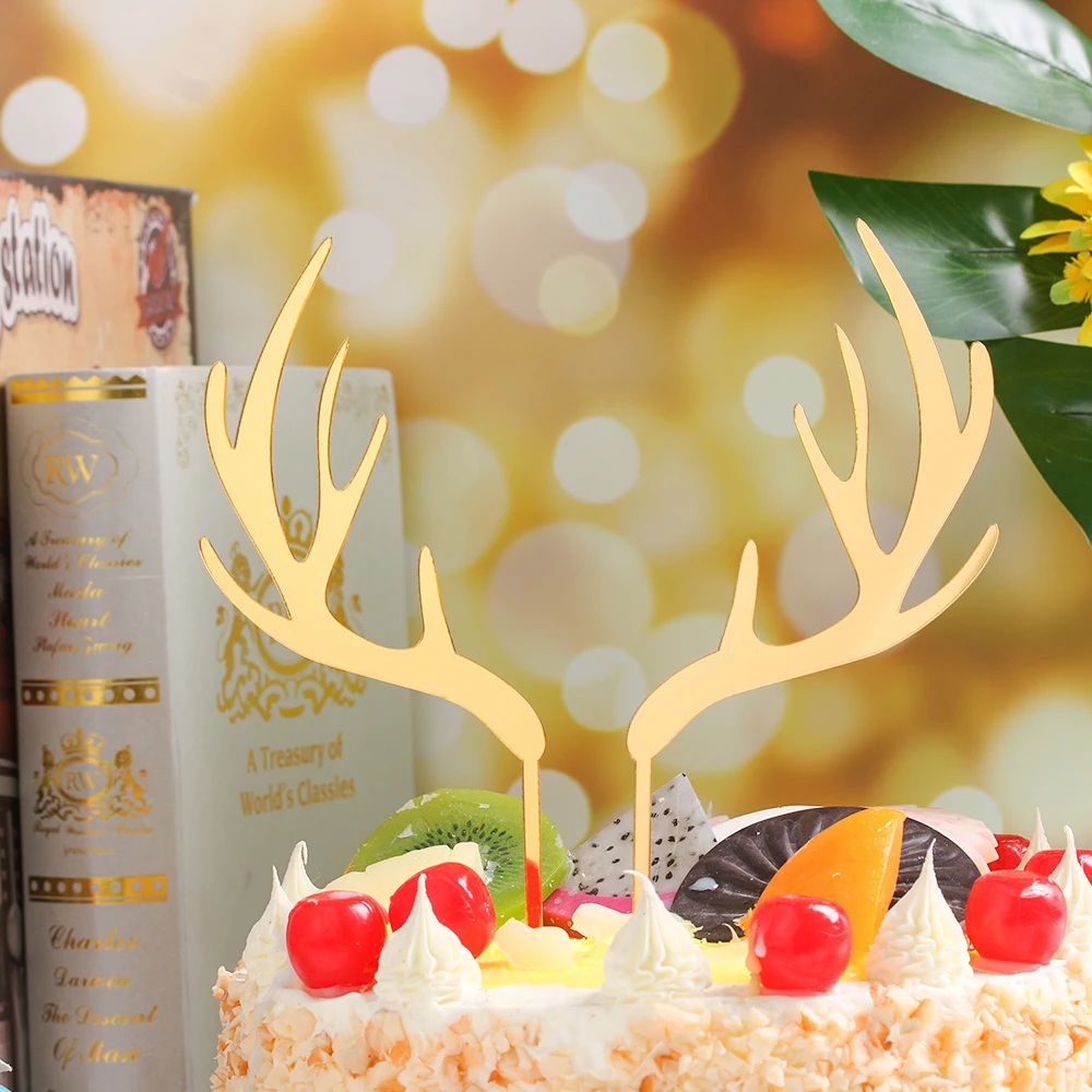 Веселый рождественский акриловый Топпер для торта Золотой олень Олень олени рога акриловый Кекс Топпер детские подарки украшения для торта для вечеринки Рождество