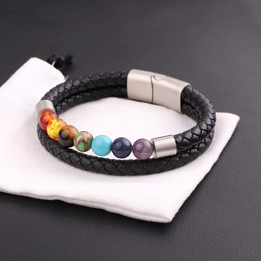 JARAVVI New Design Stainless Steel Magnet Clasp Natural 7 Chakra Energy Stone Genuine Leather Bracelet Men - Image 5