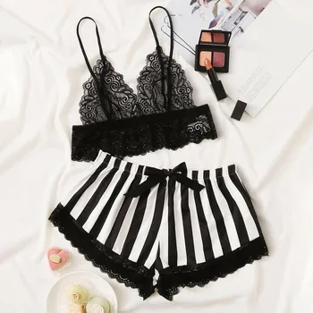 

Sexy Lace Women Floral Wireless Camisole And Silk Satin Shorts Bowknot Sleepwear Summer Homewear Pajamas For Women Pijama Mujer