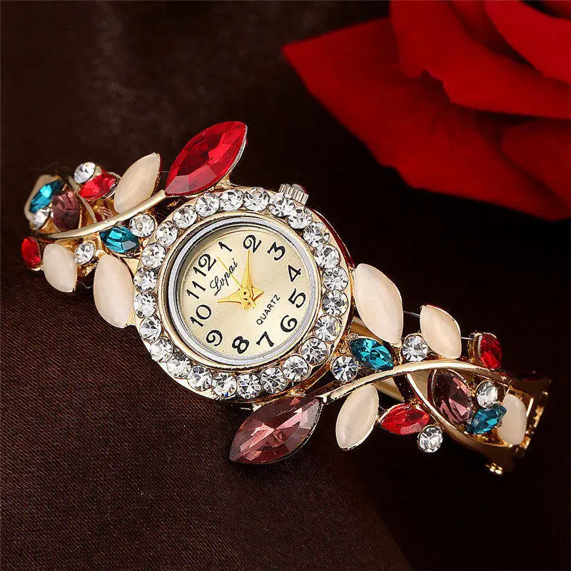 Fashion Vintage Brand Women Dress Watches Colorful Crystal Flower Women Bracelet Watch Wristwatch Women Gift Clock Red Watches