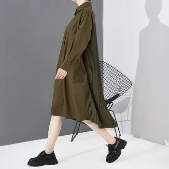

LANMREM 2020 spirng summer back pleated patchwork loose large size long sleeve long shirt for famale streetwear tops YH814