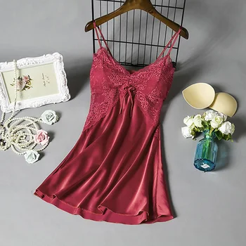 

Oeak Women Sexy Lingerie Silk Nightgown Dress Lace Night Dress Sleepwear Babydoll Nightie Satin Homewear Chest Pad Nightwear