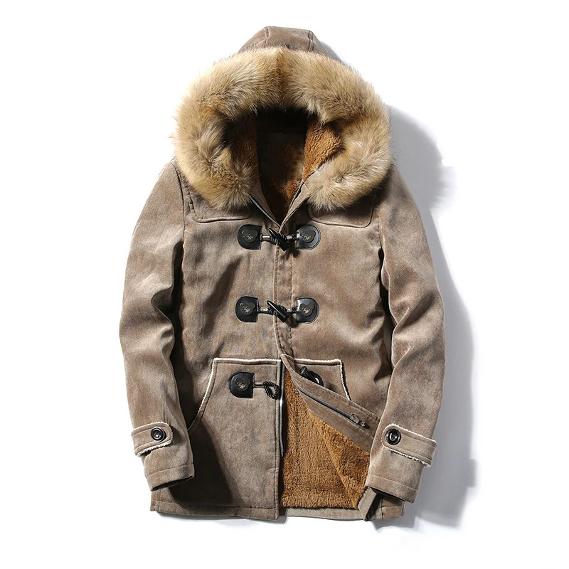 Зимний Уплотнённый тёплый мужской жакет, пальто, новая длинная куртка с капюшоном и меховым воротником, минус 40 градусов, с хлопковой подкладкой, Мужская ветровка, парка