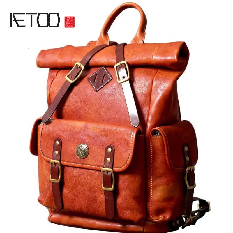 

BJYL New men's leather backpack multi-function large retro cowhide leather shoulder bag men's bag