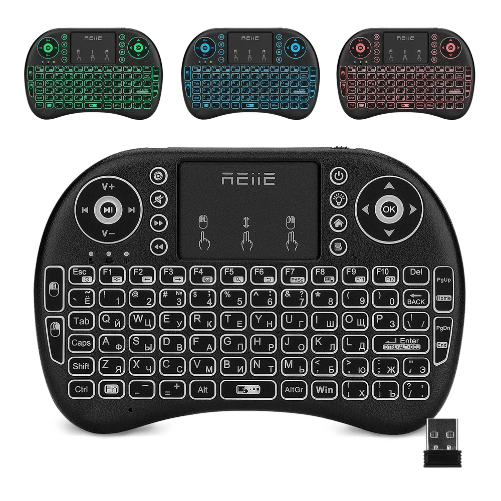 Беспроводная мини-клавиатура Reiie i8L 2,4G с сенсорной панелью, сменный СВЕТОДИОДНЫЙ Цветной подсветкой, литий-ионный аккумулятор для ТВ-бокса, ПК