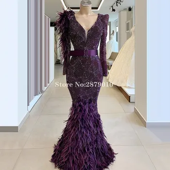 

Vintage Purple Mermaid Evening Dress Long Sleeves Floor-Length Beaded Prom Dress Robe De Soiree Aibye коктейльные платья Dubai