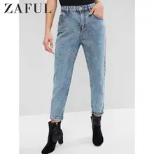 ZAFUL/джинсы для мам с завышенной талией, прямые джинсы, женские джинсы с карманами средней длины, повседневные джинсы синего цвета, осень, Размер SML