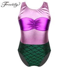 Балетное трико для спортивных танцев для девочек, без рукавов, с металлическими рюшами на груди, с принтом в виде чешуи русалки, гимнастическое трико, Детская Одежда для танцев