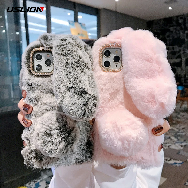 

USLION Furry Fluffy Fur Cover For iPhone 11 X XR XS Max Soft PU Bunny Case For iPhone 7 8 7Plus 6 6S Plus Winter Warm Phone Case