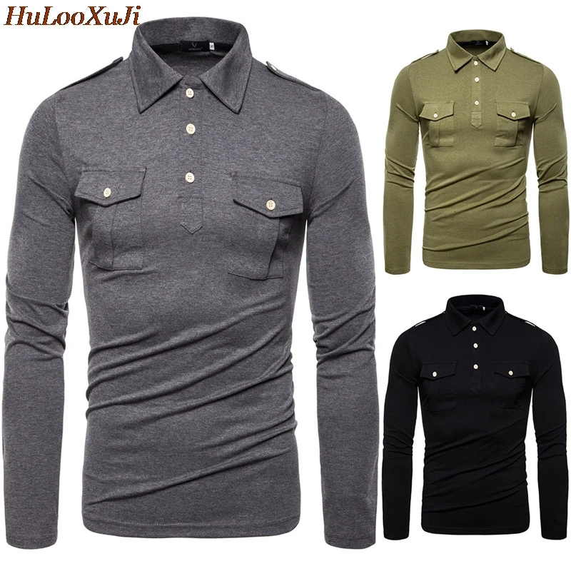 

HuLooXuJi Spring Autumn Men Breathable Cotton Polo Shirts Long Sleeve Lapel Fitness Solid Color Polo Shirts US Size:S-2XL