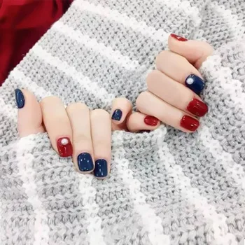 

24PCS/SET Red Blue Pearl Skip Color Pure Short False Nail Waterproof Acrylic Fingernail Press Nail Art Tips JP1069-B3